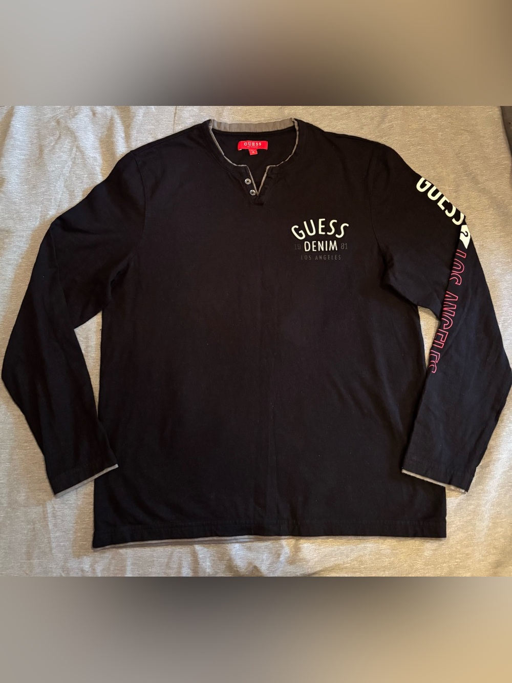 GUESS Men's Black Long Sleeve Henley with button and logos on chest & arm